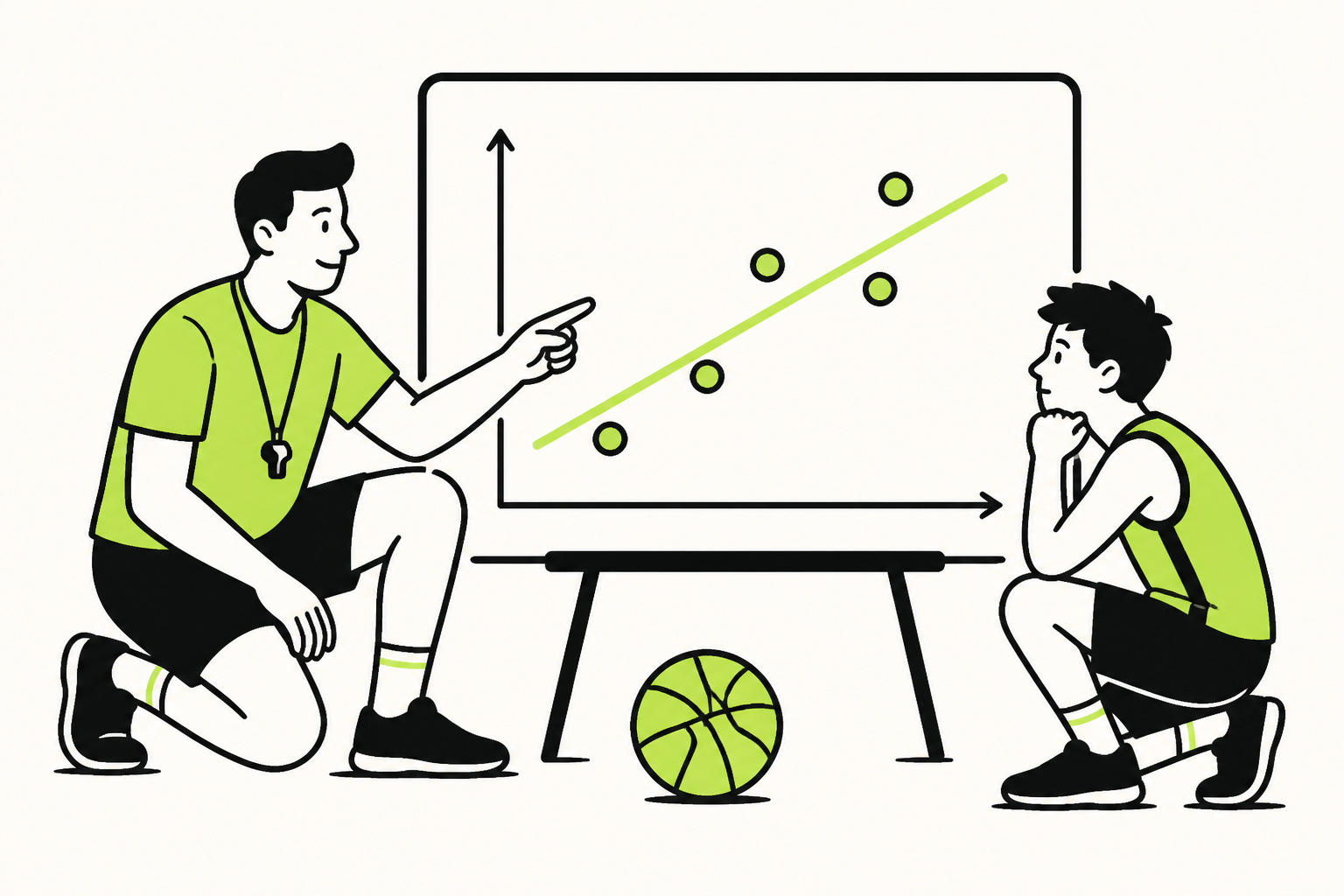 A student and coach studying a sports stats dashboard